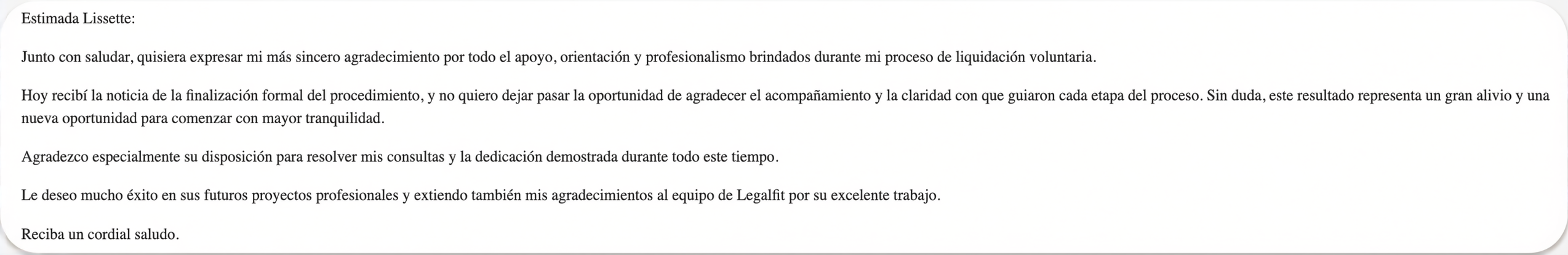 Correo de agradecimiento de nuestro cliente en Legalfit.